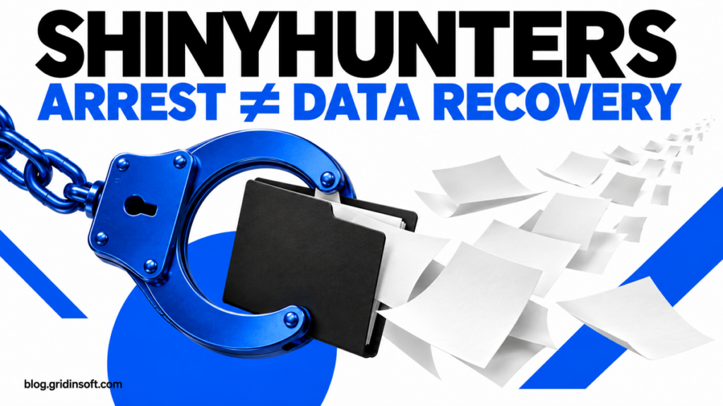 A blue handcuff holds a dossier while paper copies escape.
