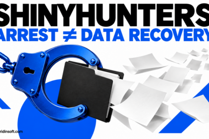 A blue handcuff holds a dossier while paper copies escape.