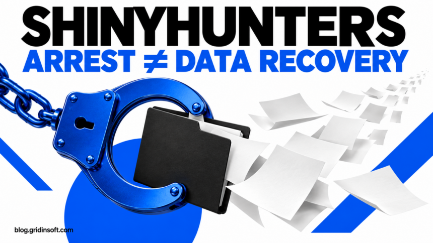 ShinyHunters Suspect Rey Reportedly Detained in Jordan 1 A blue handcuff holds a dossier while paper copies escape.