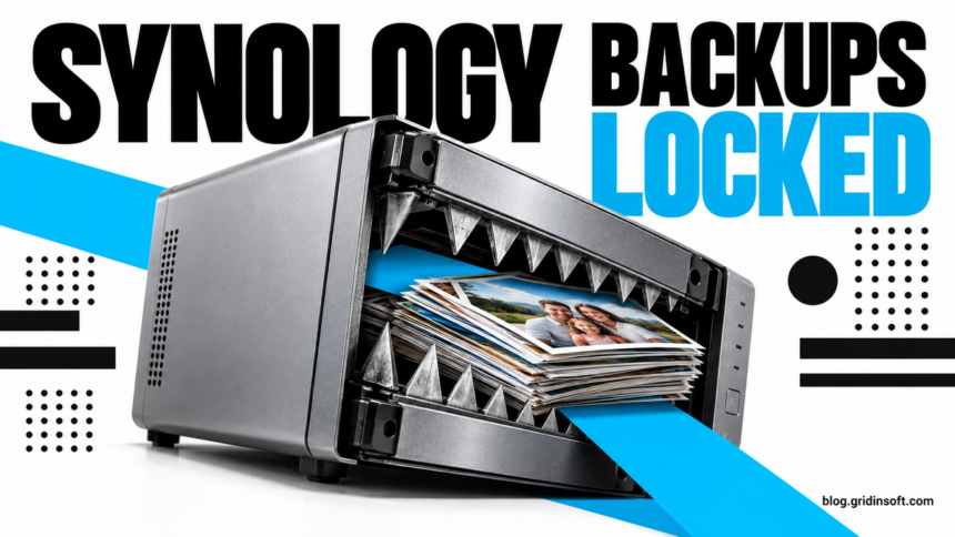 A silver NAS becomes a trap around family photographs beneath the words Synology Backups Locked.
