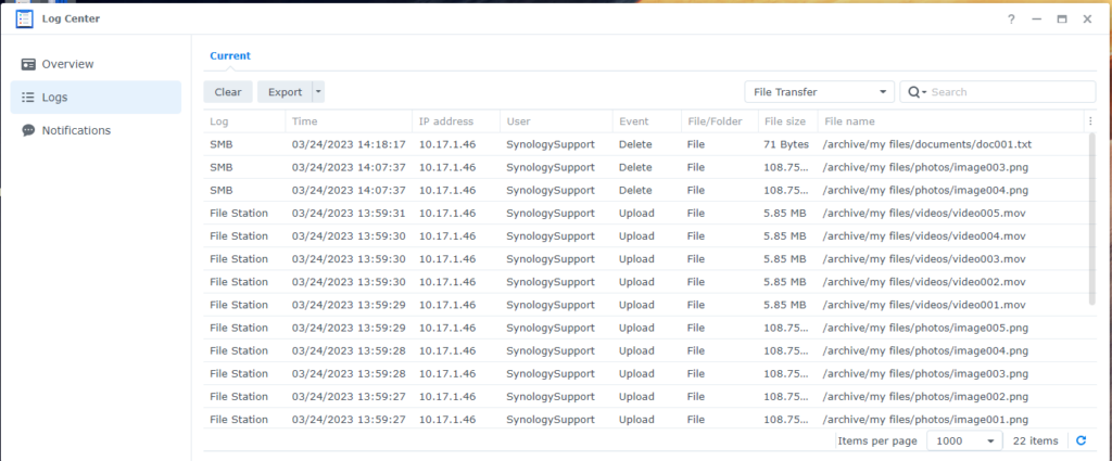 Synology Log Center showing example SMB events with time, source IP, user and file path.