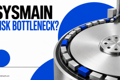 Data blocks queue around a disk beneath the words SysMain Disk Bottleneck