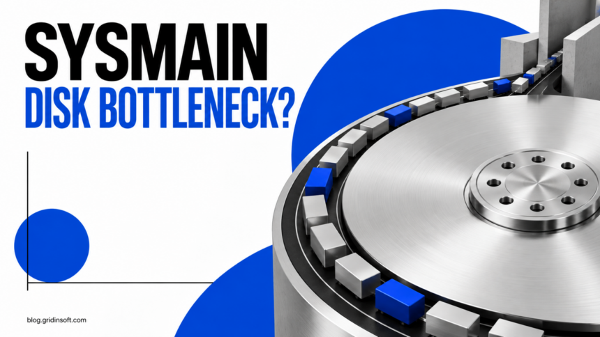 Data blocks queue around a disk beneath the words SysMain Disk Bottleneck