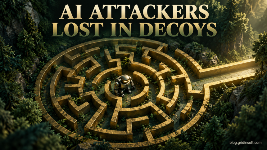 Small robot inside a gold maze with an unused exit