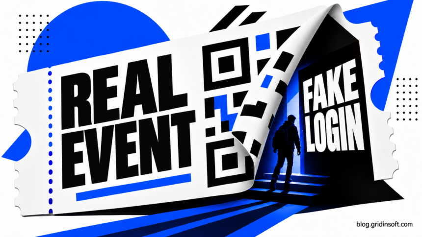 An event ticket peels open into a false login doorway