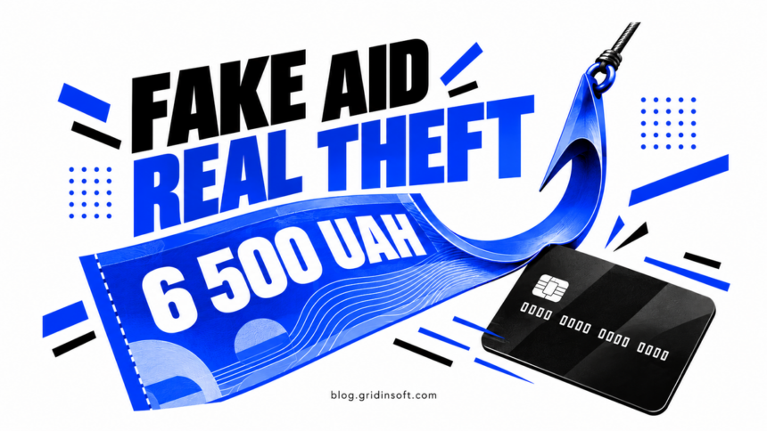 A fake 6,500 UAH aid voucher turns into a hook pulling a bank card.