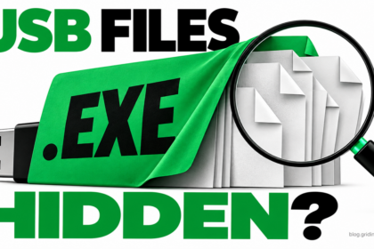 A large EXE wrapper concealing documents on a USB drive, viewed through a magnifying glass.