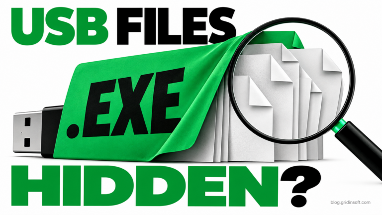 A large EXE wrapper concealing documents on a USB drive, viewed through a magnifying glass.