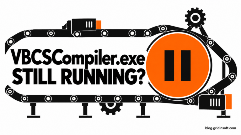 VBCSCompiler.exe still running, with an orange pause control in a compiler conveyor.