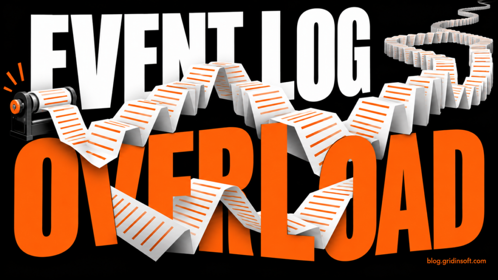 An endless paper stream surrounds Event Log Overload, illustrating repeated Windows events.