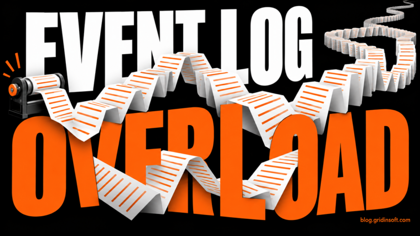 An endless paper stream surrounds Event Log Overload, illustrating repeated Windows events.
