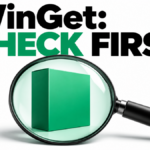 WinGet check-first message above a magnifying glass inspecting a software package.