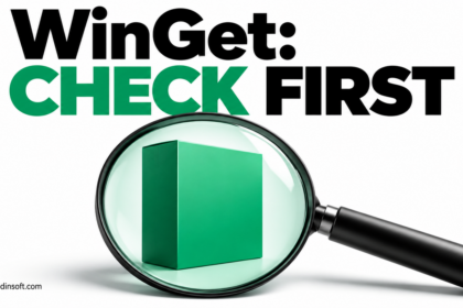 WinGet check-first message above a magnifying glass inspecting a software package.