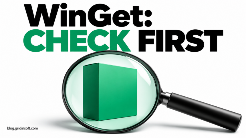 WinGet check-first message above a magnifying glass inspecting a software package.