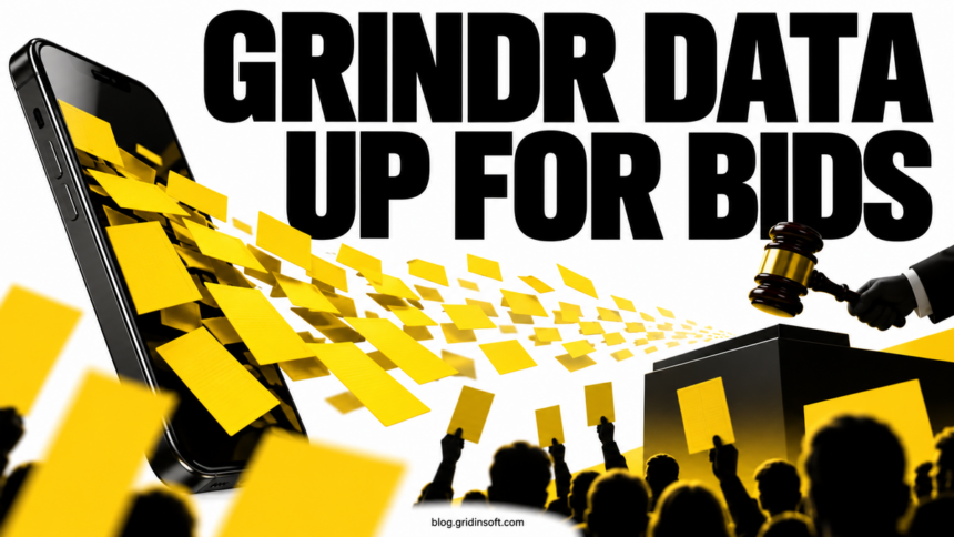 Xandr Fined Over Grindr Data in Ad Auctions 1 A phone releases yellow data tickets toward an auction.