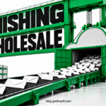 A cloud-shaped cargo container releases envelopes beneath a green phishing-wholesale gantry.