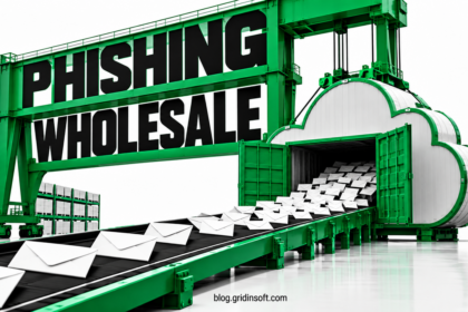 A cloud-shaped cargo container releases envelopes beneath a green phishing-wholesale gantry.
