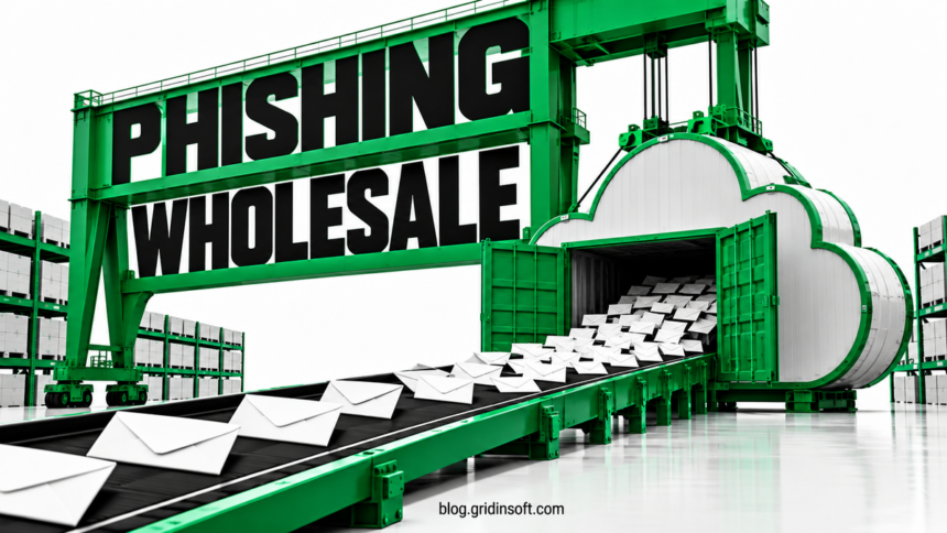 A cloud-shaped cargo container releases envelopes beneath a green phishing-wholesale gantry.
