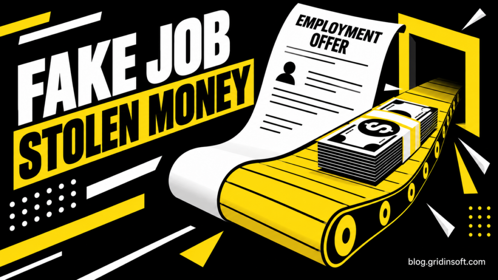 A job document turns into a yellow cash conveyor: Fake Job, Stolen Money.