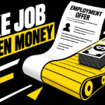 A job document turns into a yellow cash conveyor: Fake Job, Stolen Money.
