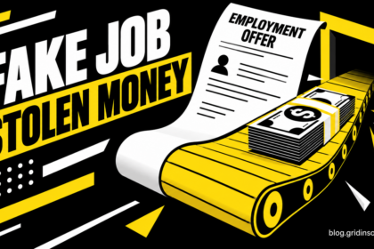 A job document turns into a yellow cash conveyor: Fake Job, Stolen Money.