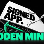 A signed white file opens like a trapdoor above a hidden green mining pickaxe.