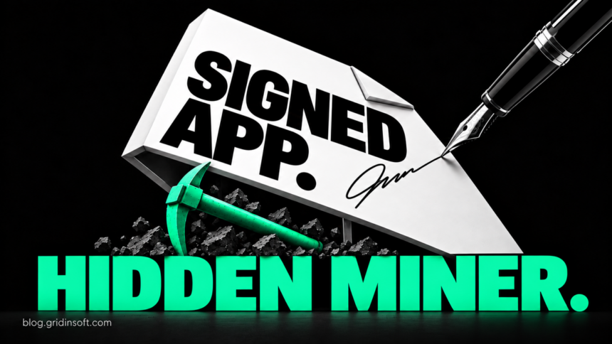 A signed white file opens like a trapdoor above a hidden green mining pickaxe.