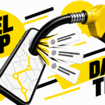 A fuel nozzle pulls message cards from a phone displaying a map.