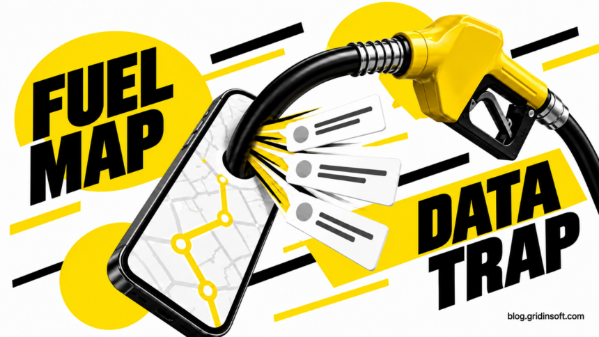A fuel nozzle pulls message cards from a phone displaying a map.